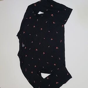 PINK VICTORIA'S SECRET Black Long‎ Sleeve Cropped Cherry Print Top - Size Large